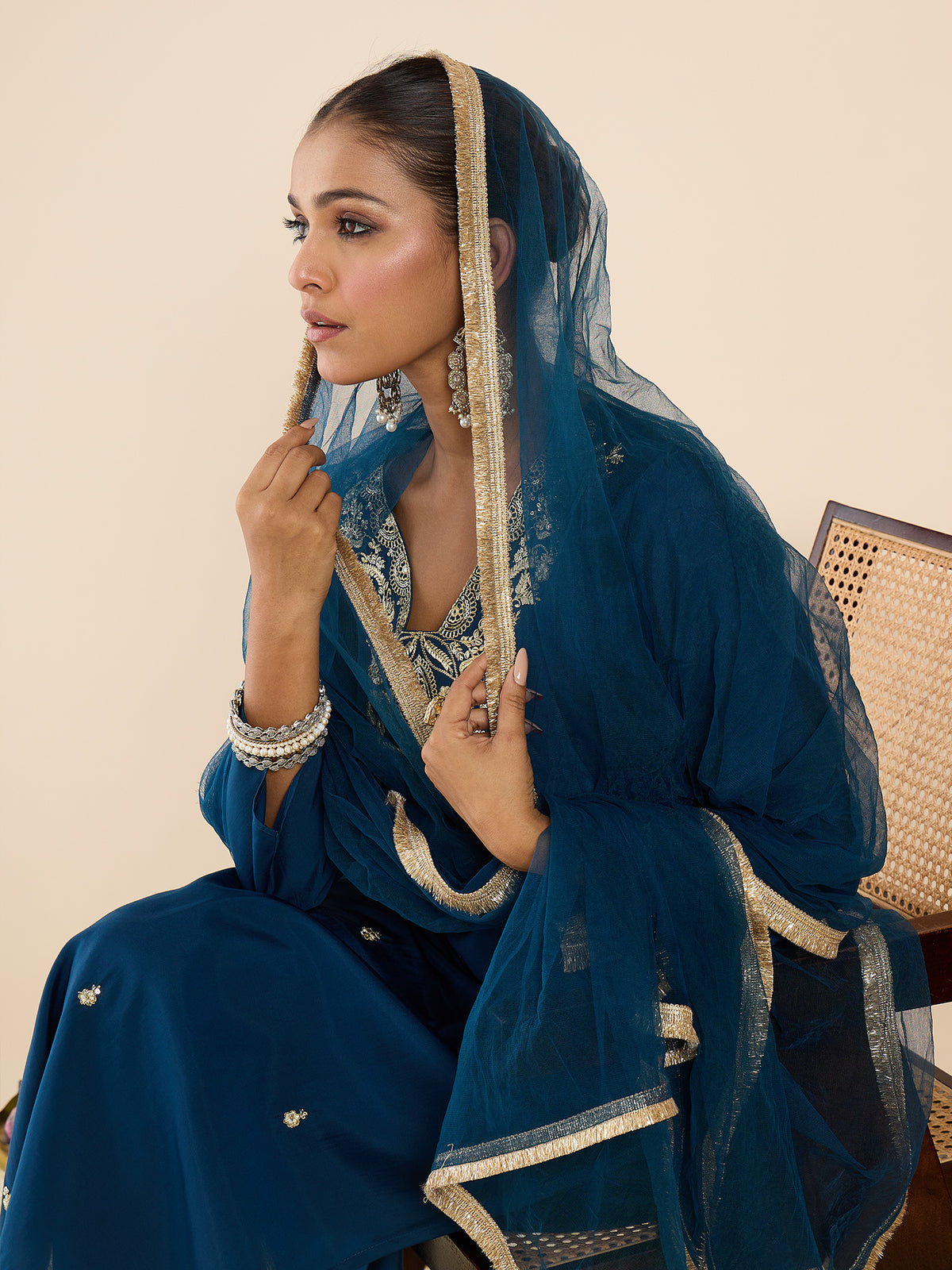 Teal Embroidered Straight Kurta Trousers With Dupatta Set