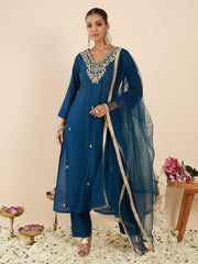 Teal Embroidered Straight Kurta Trousers With Dupatta Set