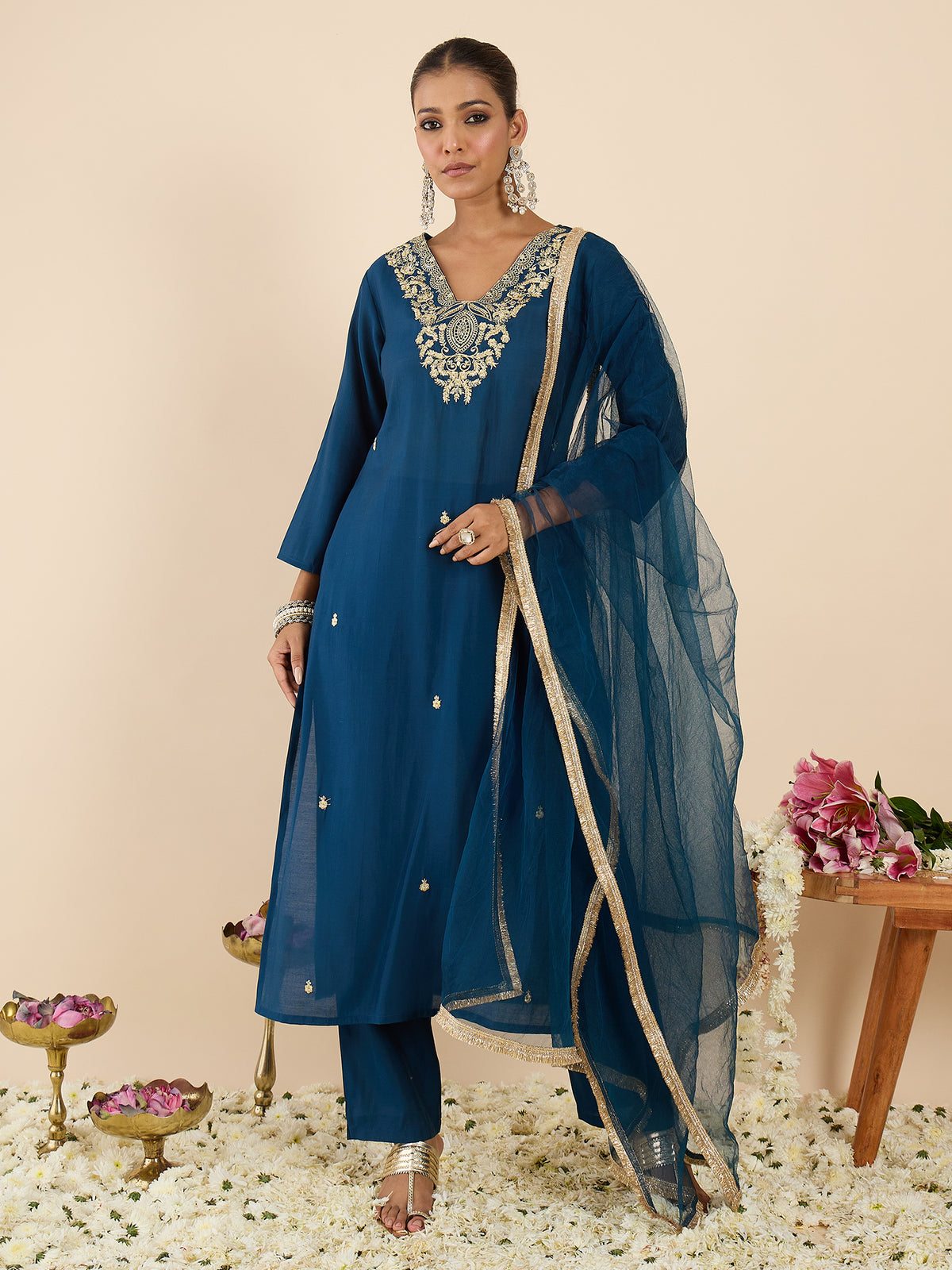 Teal Embroidered Straight Kurta Trousers With Dupatta Set