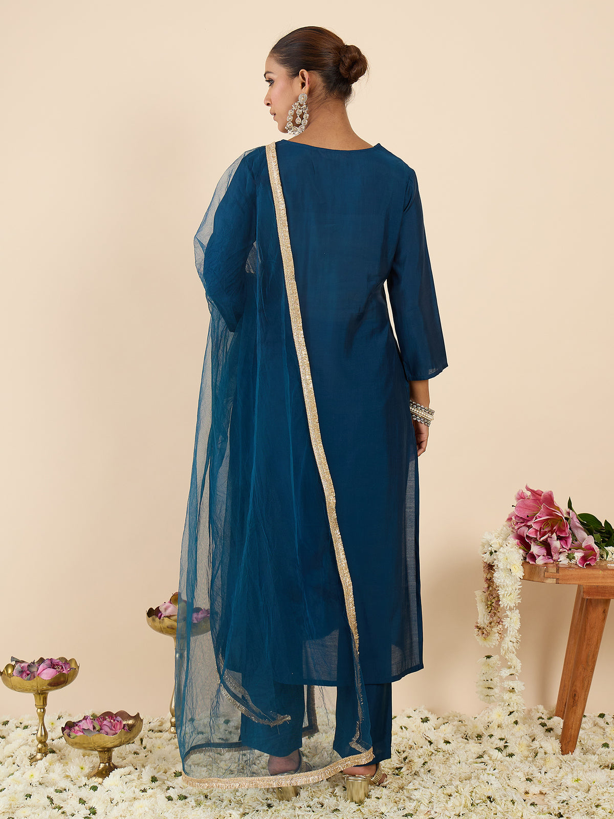 Teal Embroidered Straight Kurta Trousers With Dupatta Set