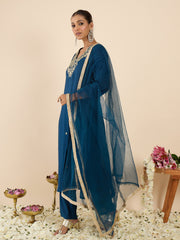 Teal Embroidered Straight Kurta Trousers With Dupatta Set