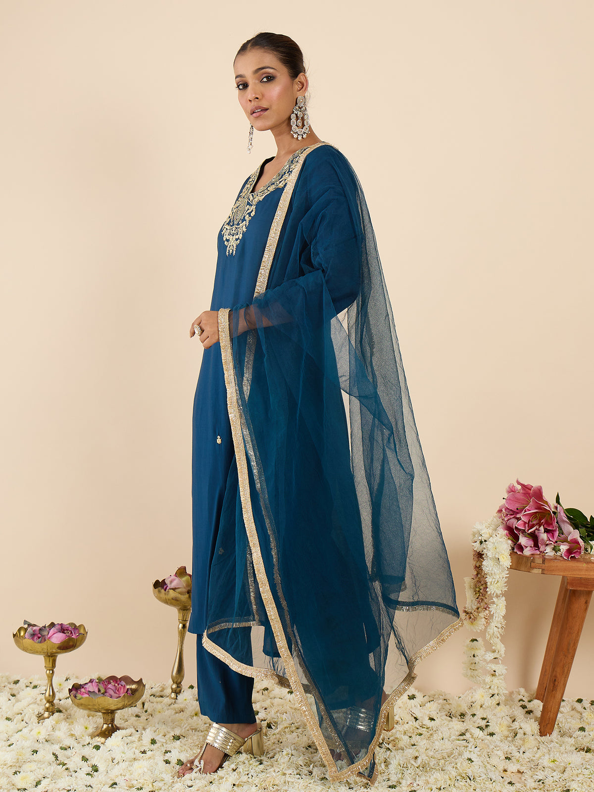 Teal Embroidered Straight Kurta Trousers With Dupatta Set