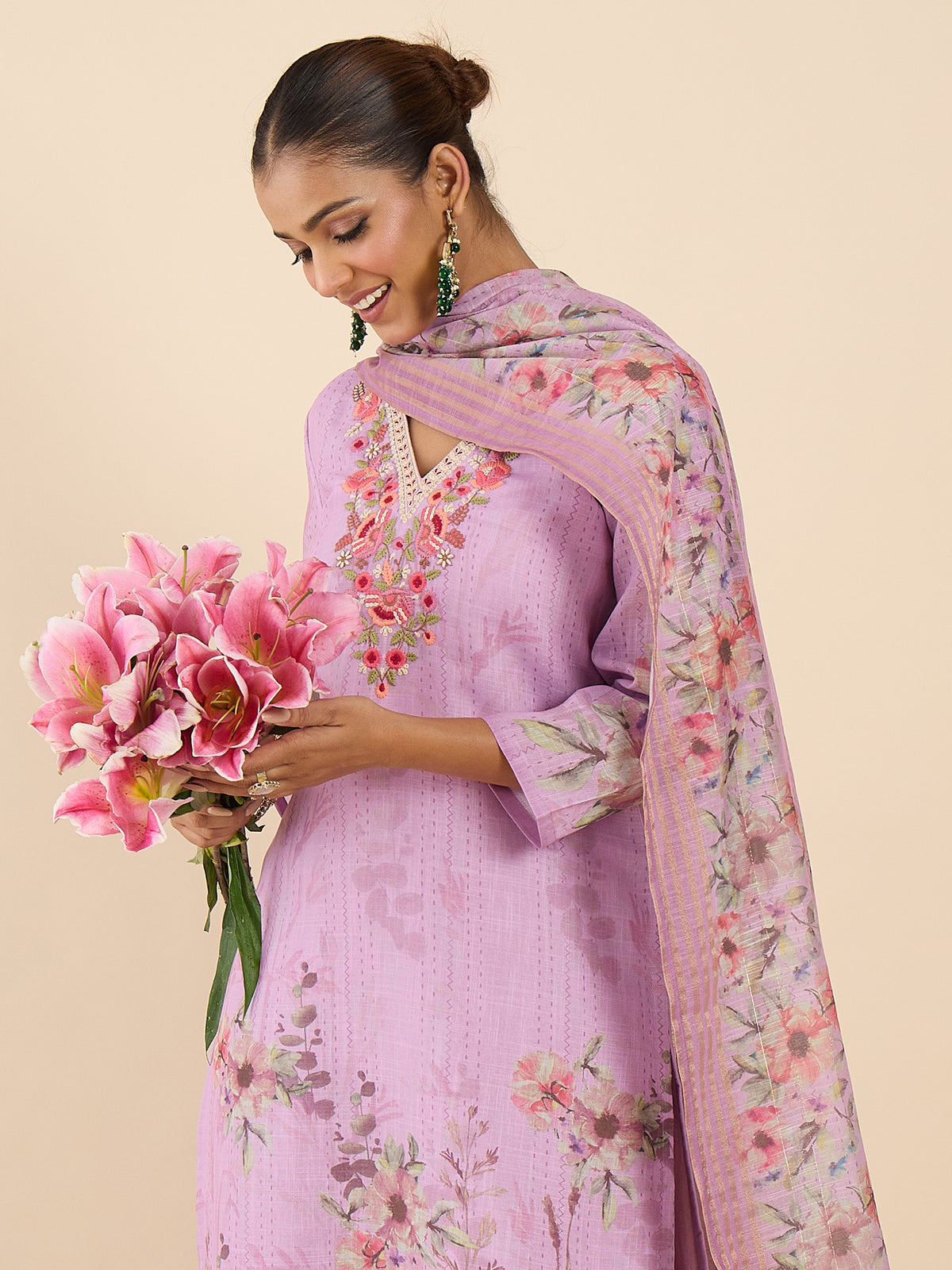 Lavender Embroidered Straight Kurta Trousers With Dupatta Set