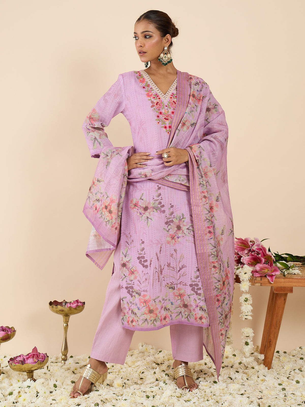 Lavender Embroidered Straight Kurta Trousers With Dupatta Set