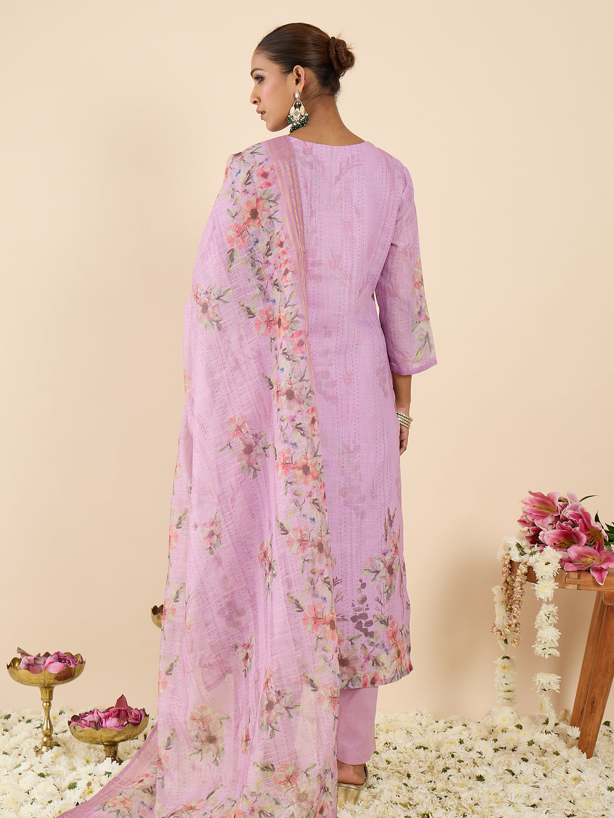 Lavender Embroidered Straight Kurta Trousers With Dupatta Set