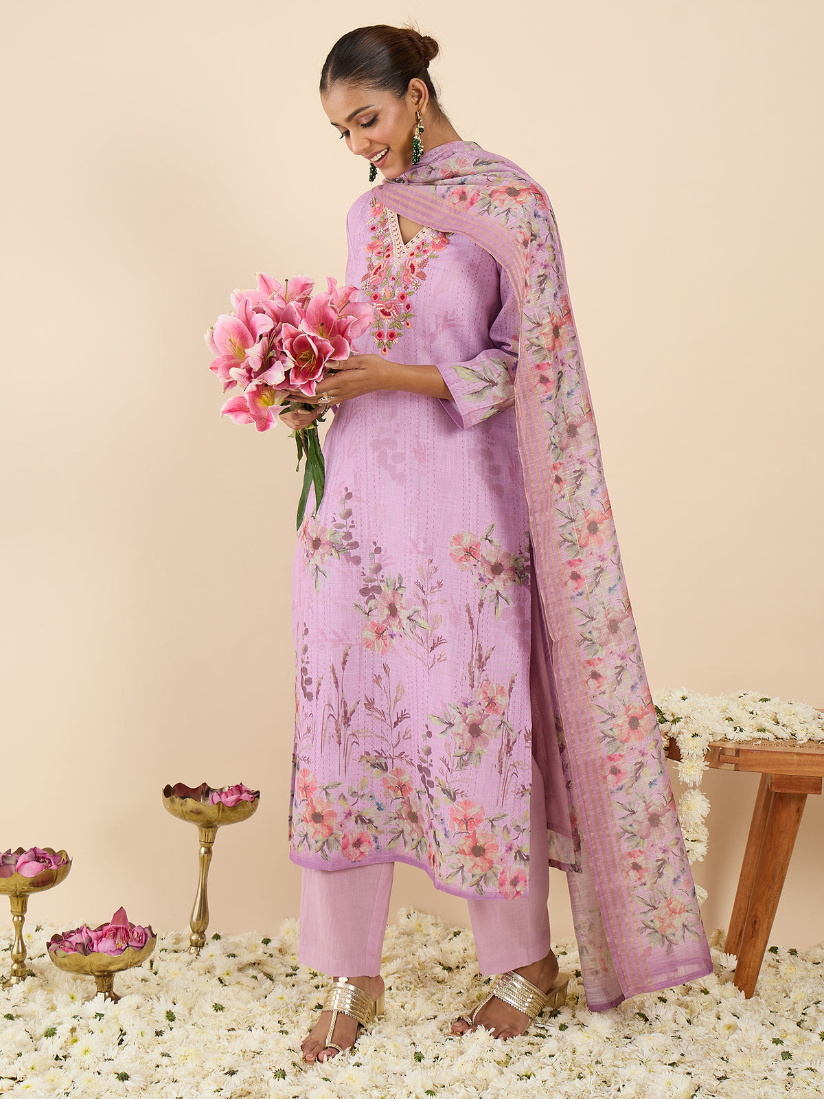 Lavender Embroidered Straight Kurta Trousers With Dupatta Set