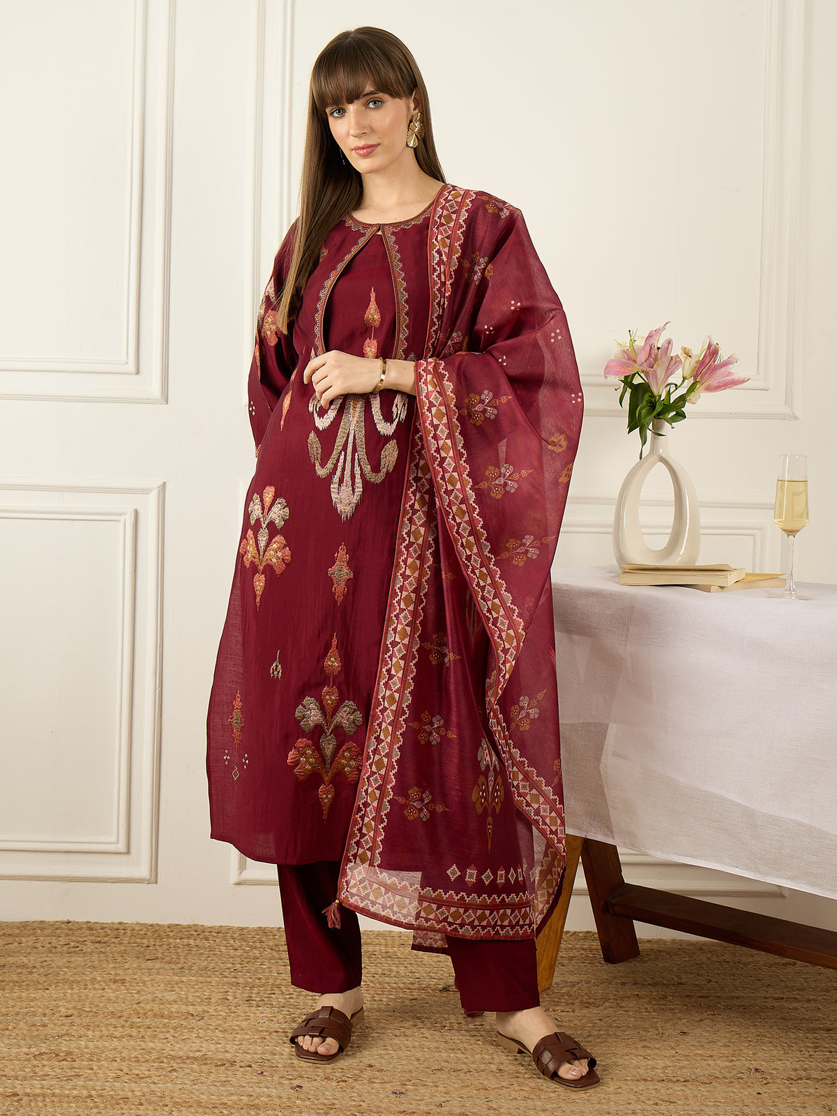 Maroon Embroidered Straight Kurta Trousers With Dupatta Set
