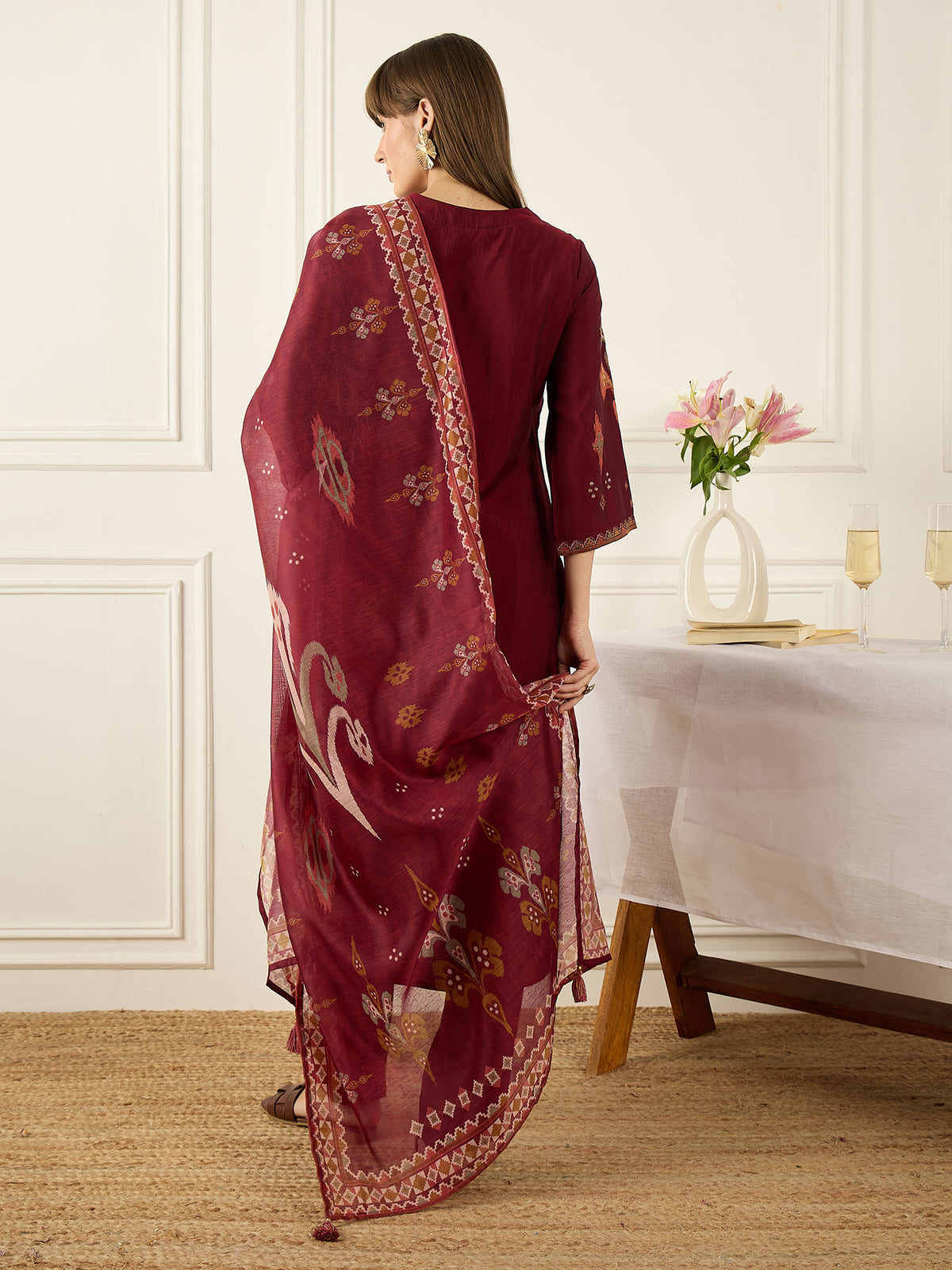 Maroon Embroidered Straight Kurta Trousers With Dupatta Set