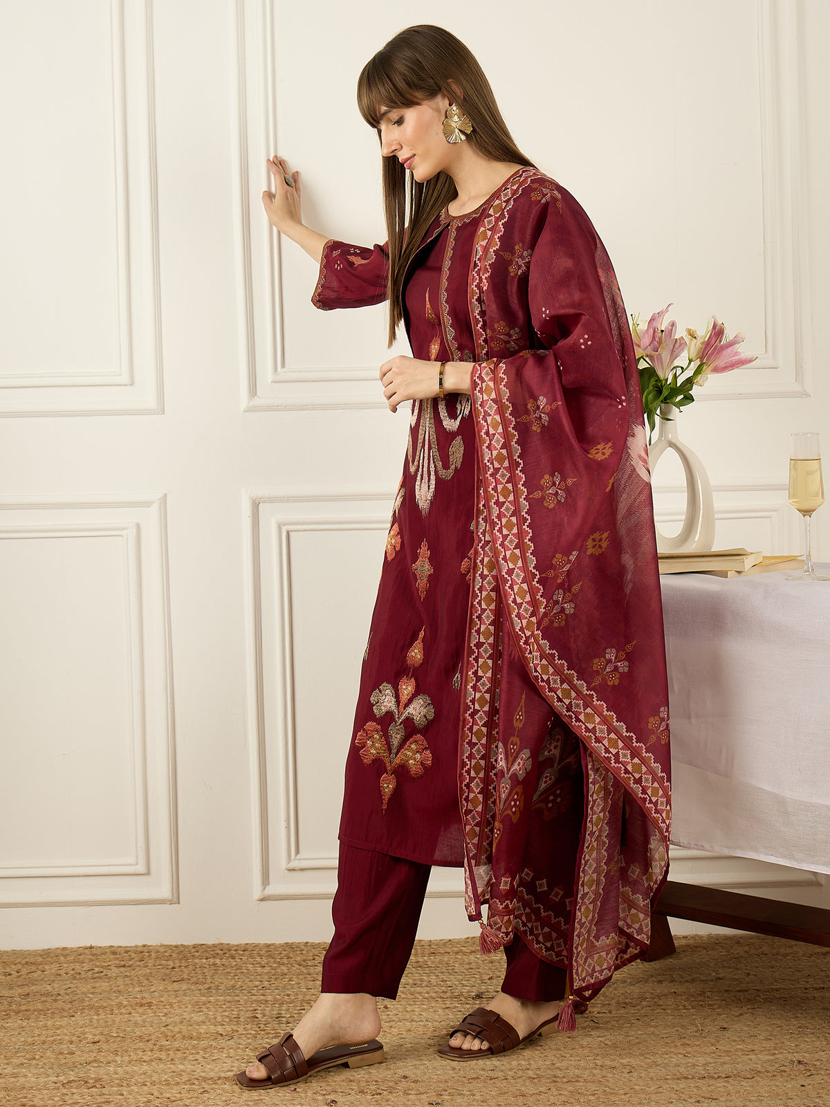 Maroon Embroidered Straight Kurta Trousers With Dupatta Set
