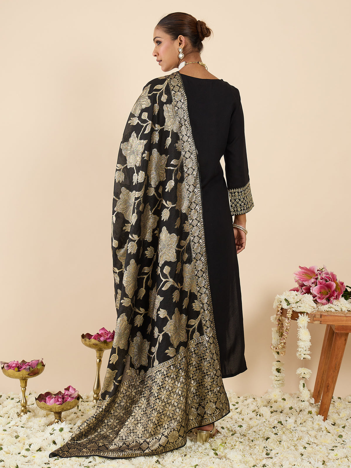 Black Embroidered Straight Kurta Trousers With Dupatta Set