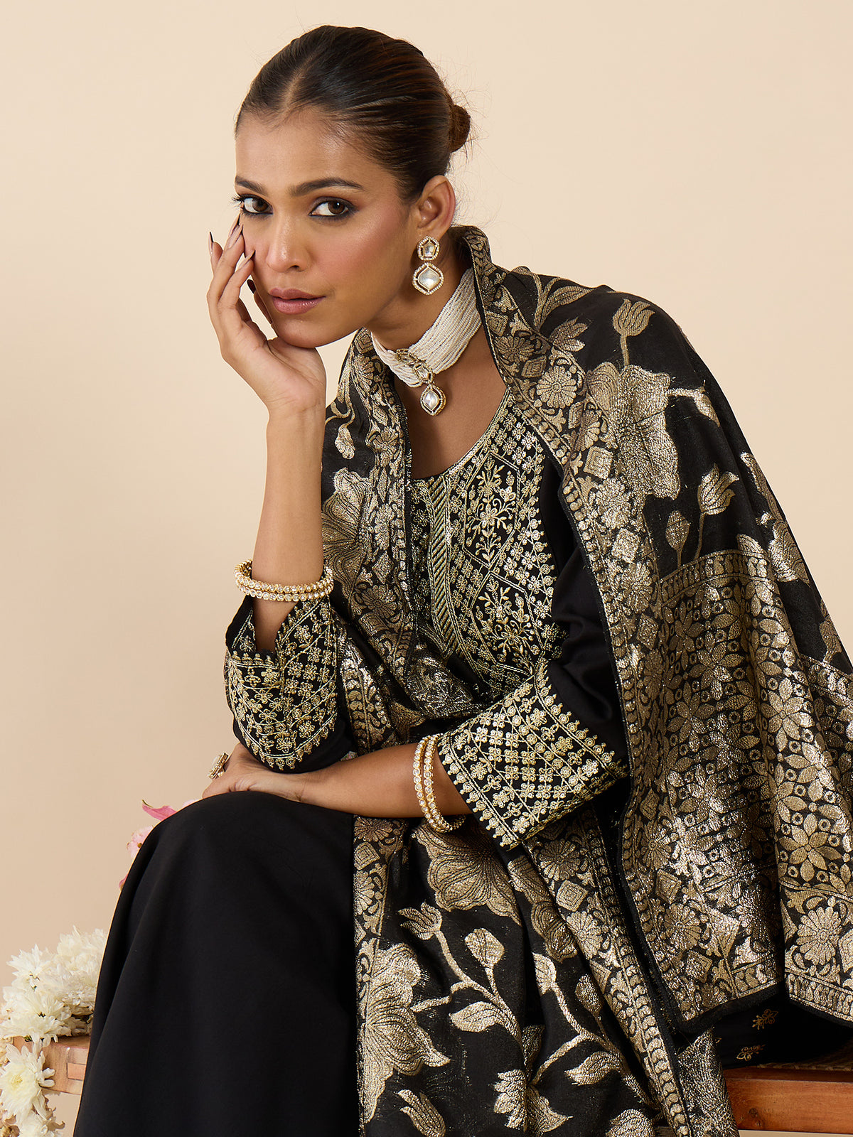 Black Embroidered Straight Kurta Trousers With Dupatta Set