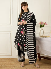 Black Printed A-Line Kurta Trousers With Dupatta Set