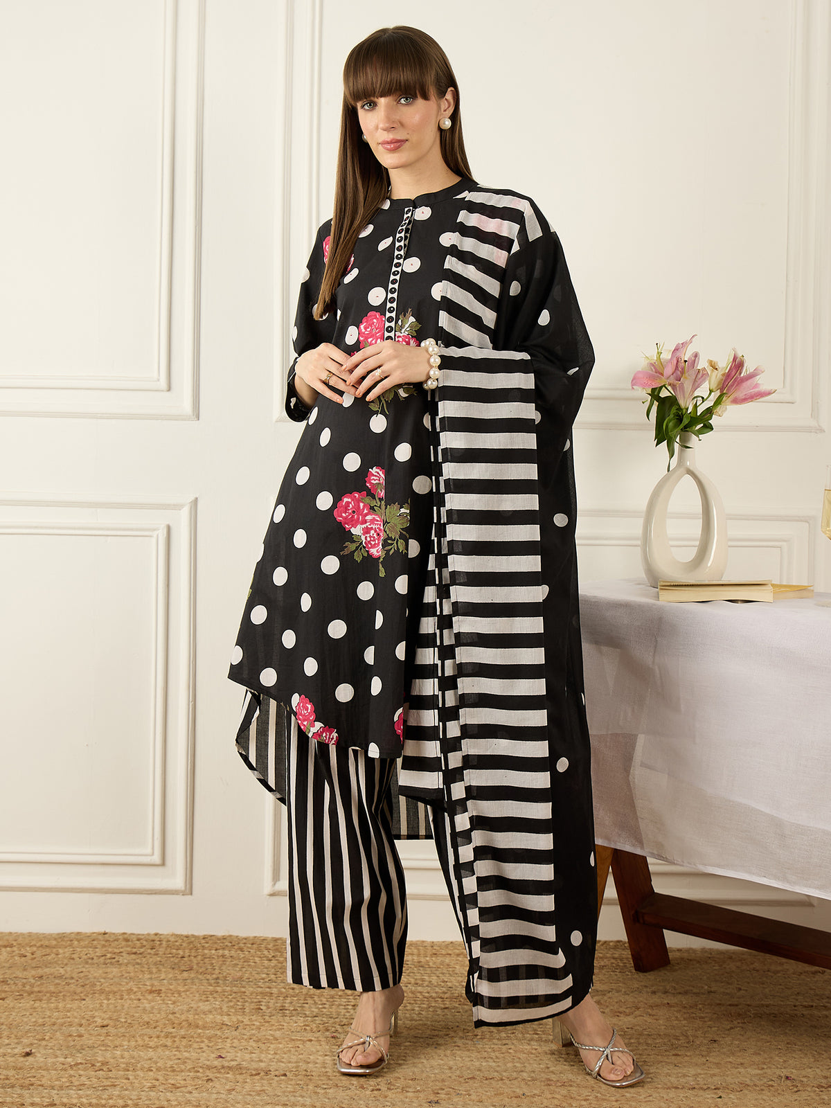 Black Printed A-Line Kurta Trousers With Dupatta Set