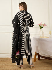 Black Printed A-Line Kurta Trousers With Dupatta Set