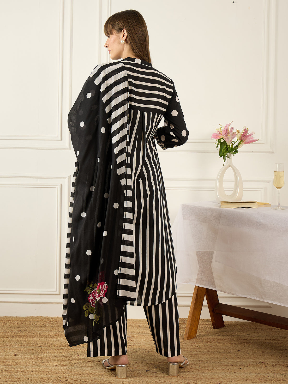 Black Printed A-Line Kurta Trousers With Dupatta Set