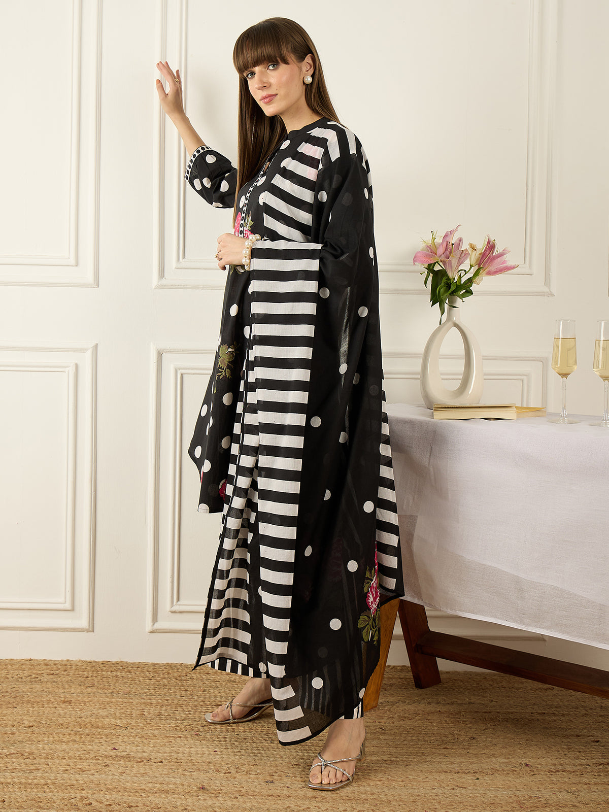 Black Printed A-Line Kurta Trousers With Dupatta Set