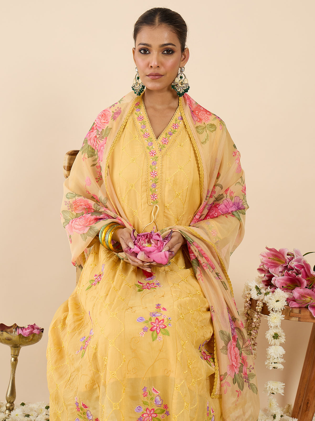 Yellow Embroidered Anarkali Kurta Trousers With Dupatta Set