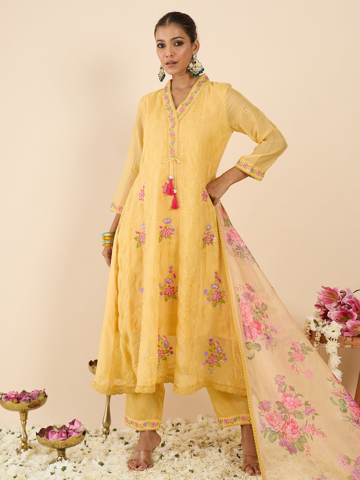 Yellow Embroidered Anarkali Kurta Trousers With Dupatta Set