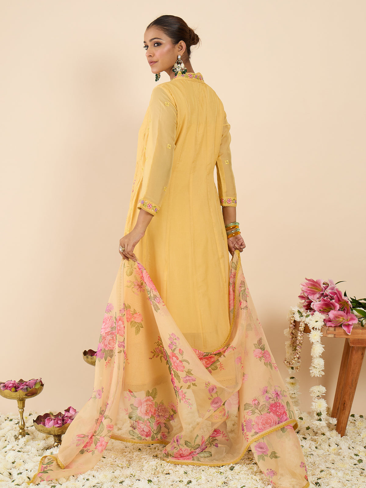 Yellow Embroidered Anarkali Kurta Trousers With Dupatta Set