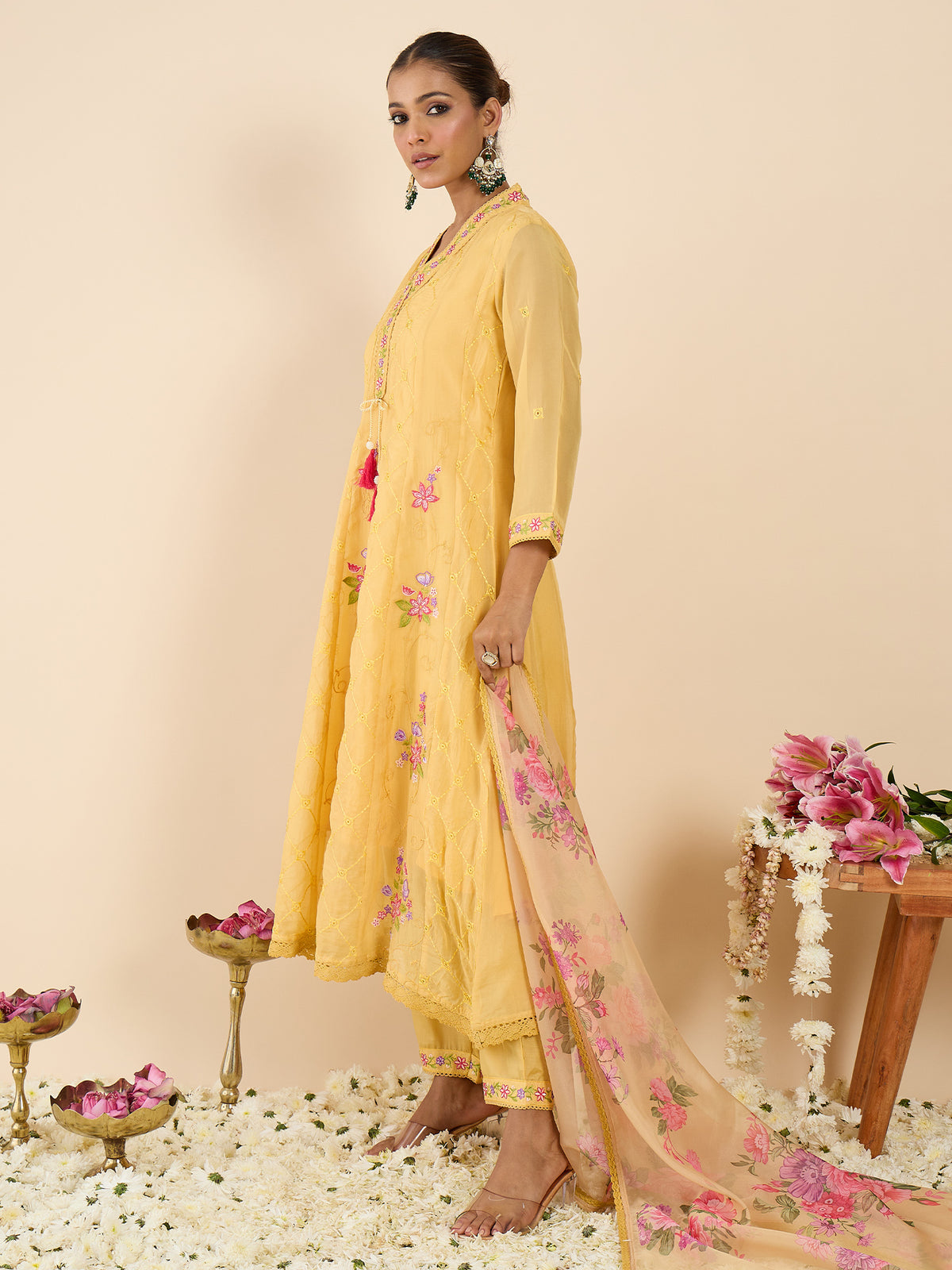 Yellow Embroidered Anarkali Kurta Trousers With Dupatta Set