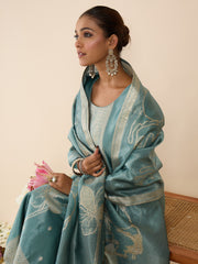 Blue Woven Design Straight Kurta Trousers With Dupatta Set