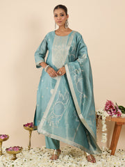 Blue Woven Design Straight Kurta Trousers With Dupatta Set