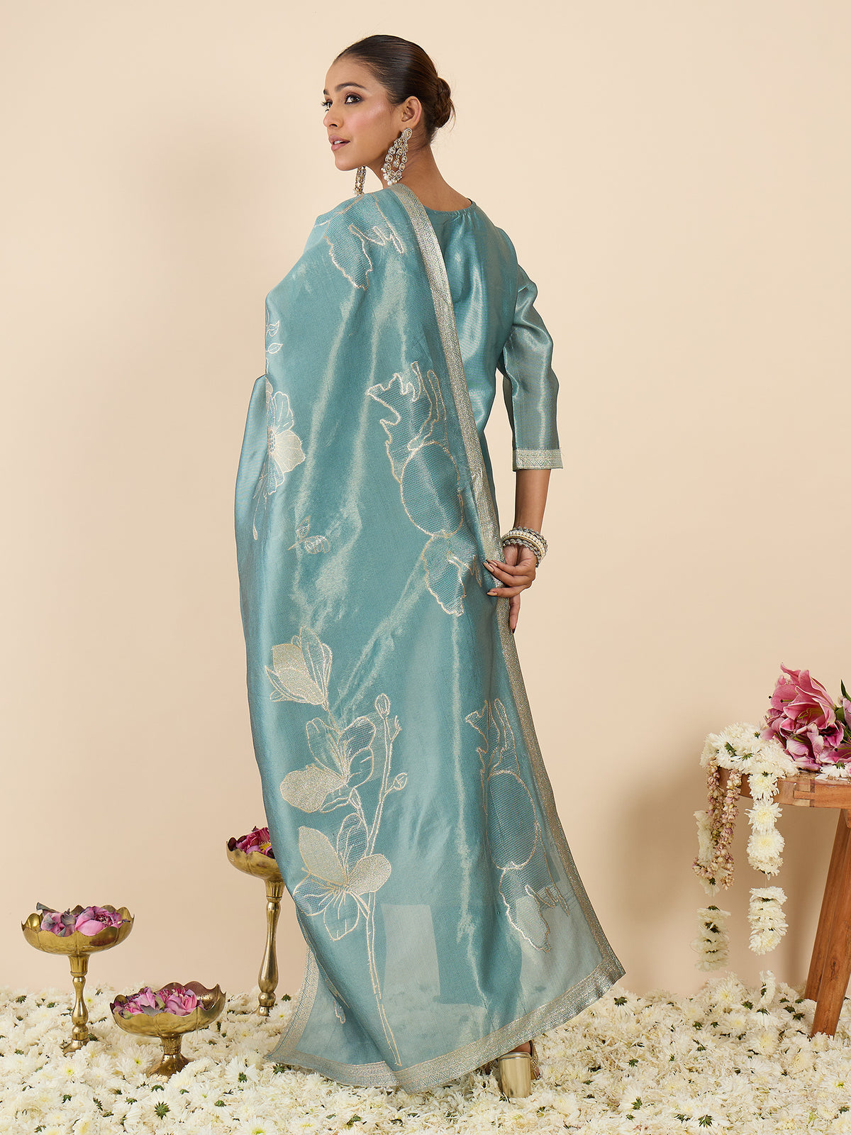 Blue Woven Design Straight Kurta Trousers With Dupatta Set