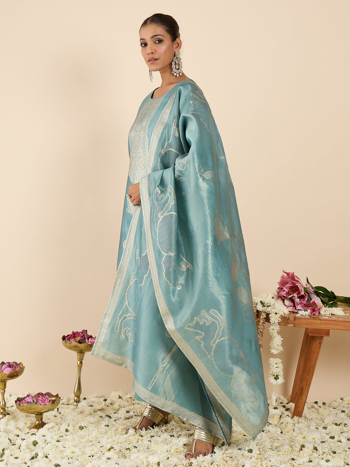 Blue Woven Design Straight Kurta Trousers With Dupatta Set