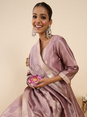 Lavender Woven Design Straight Kurta Trousers With Dupatta Set