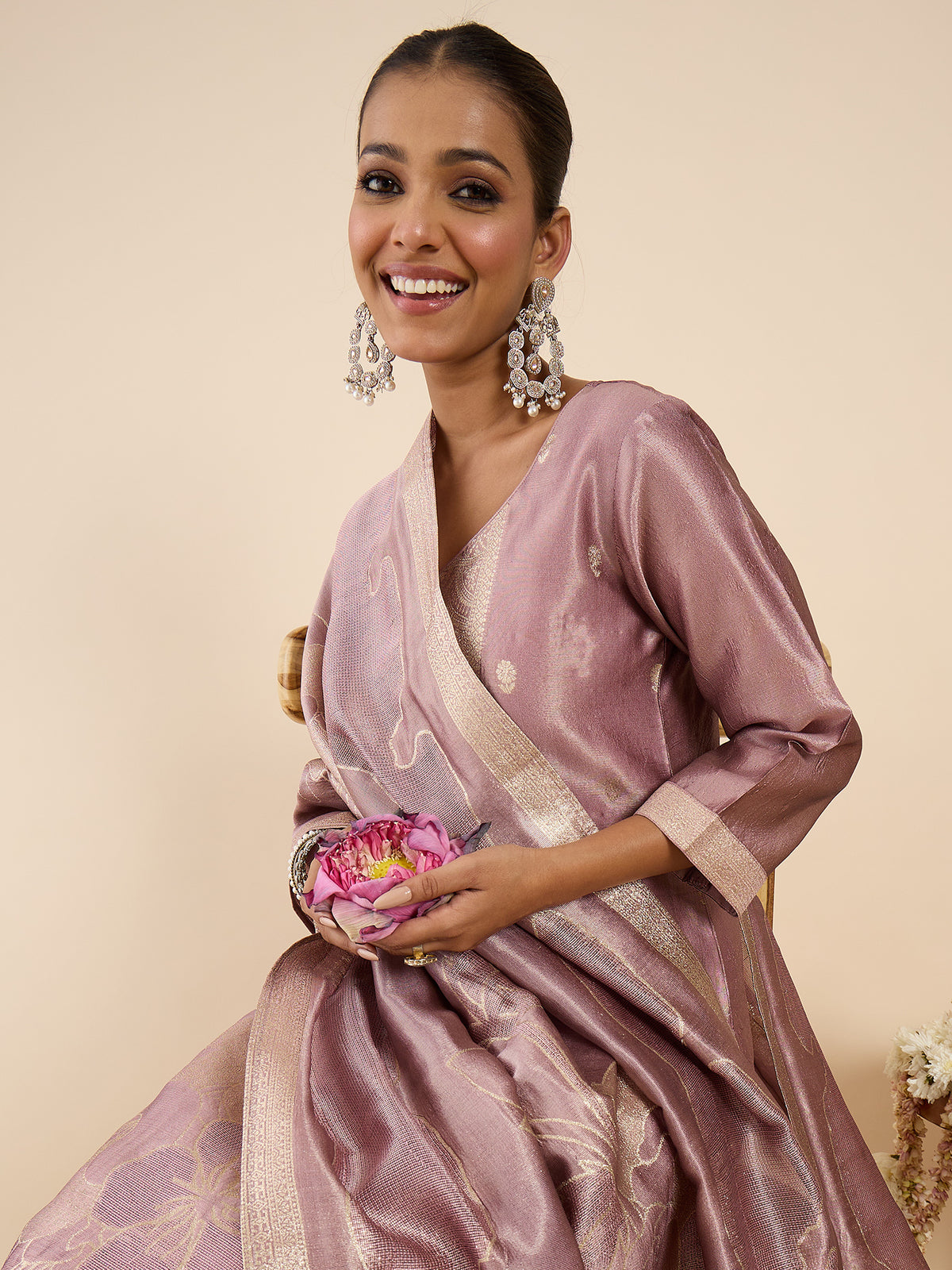Lavender Woven Design Straight Kurta Trousers With Dupatta Set