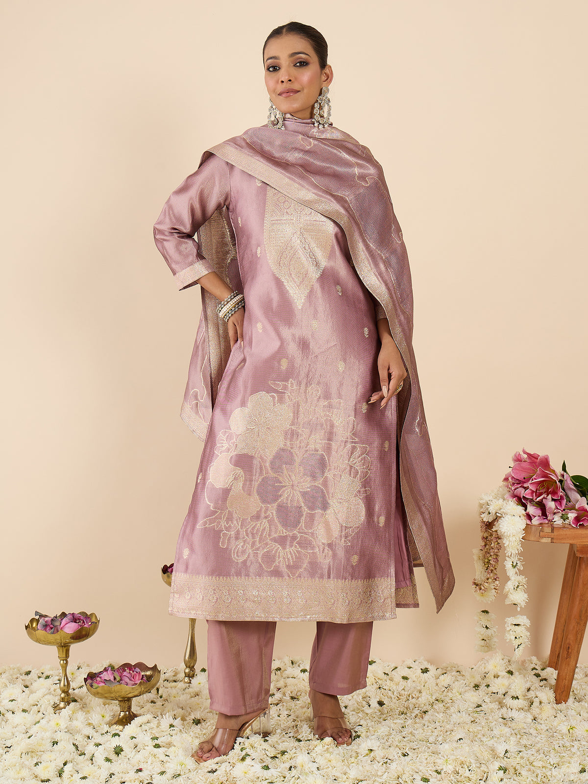 Lavender Woven Design Straight Kurta Trousers With Dupatta Set