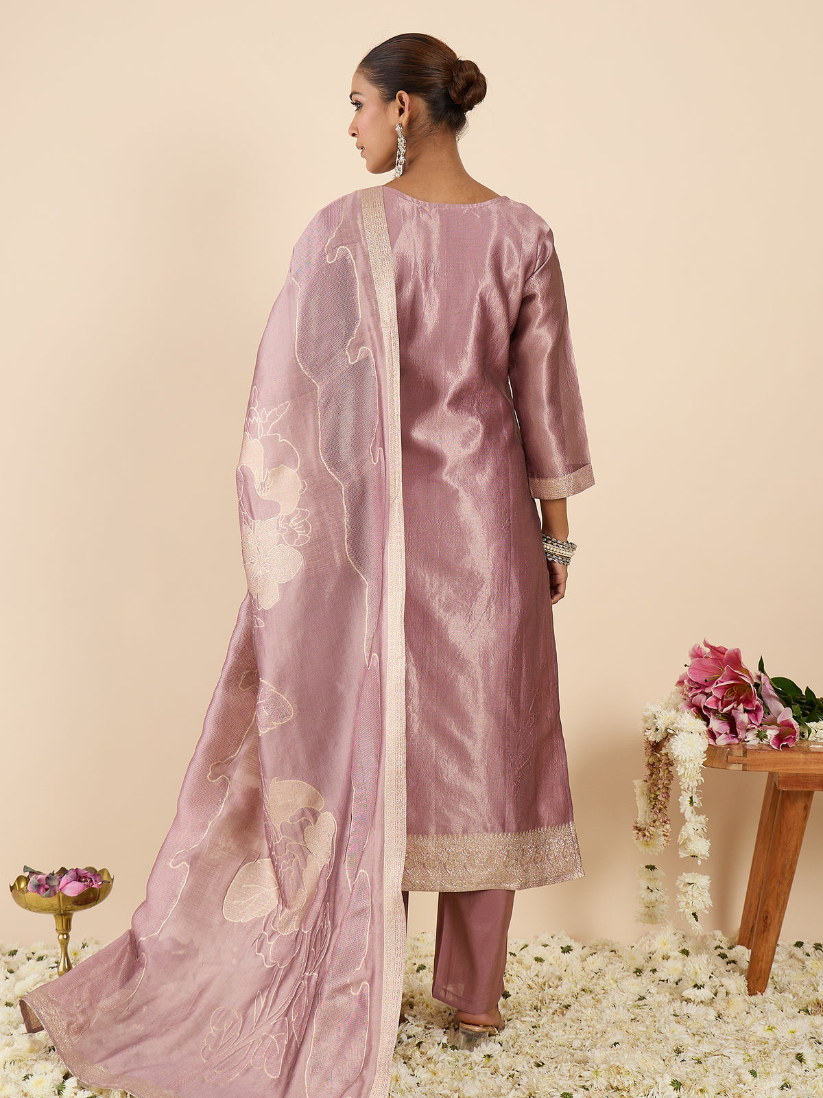 Lavender Woven Design Straight Kurta Trousers With Dupatta Set