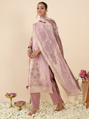 Lavender Woven Design Straight Kurta Trousers With Dupatta Set