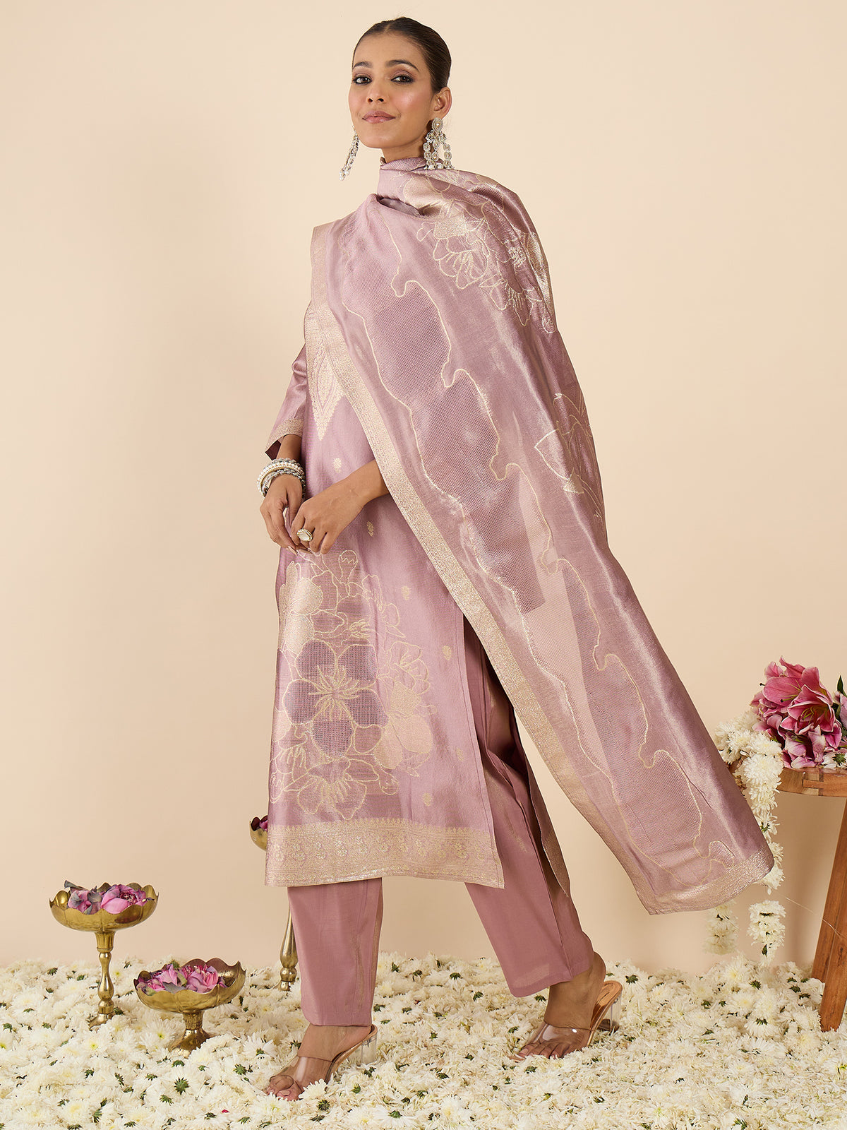 Lavender Woven Design Straight Kurta Trousers With Dupatta Set