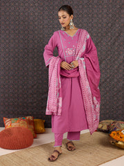 Pink Embroidered Straight Kurta Trousers With Dupatta Set