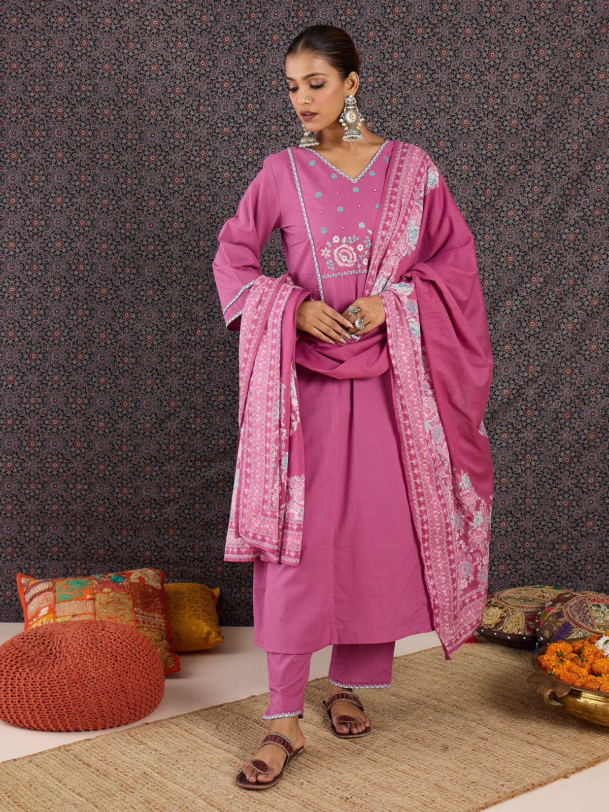 Pink Embroidered Straight Kurta Trousers With Dupatta Set