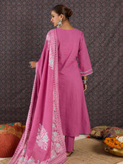 Pink Embroidered Straight Kurta Trousers With Dupatta Set