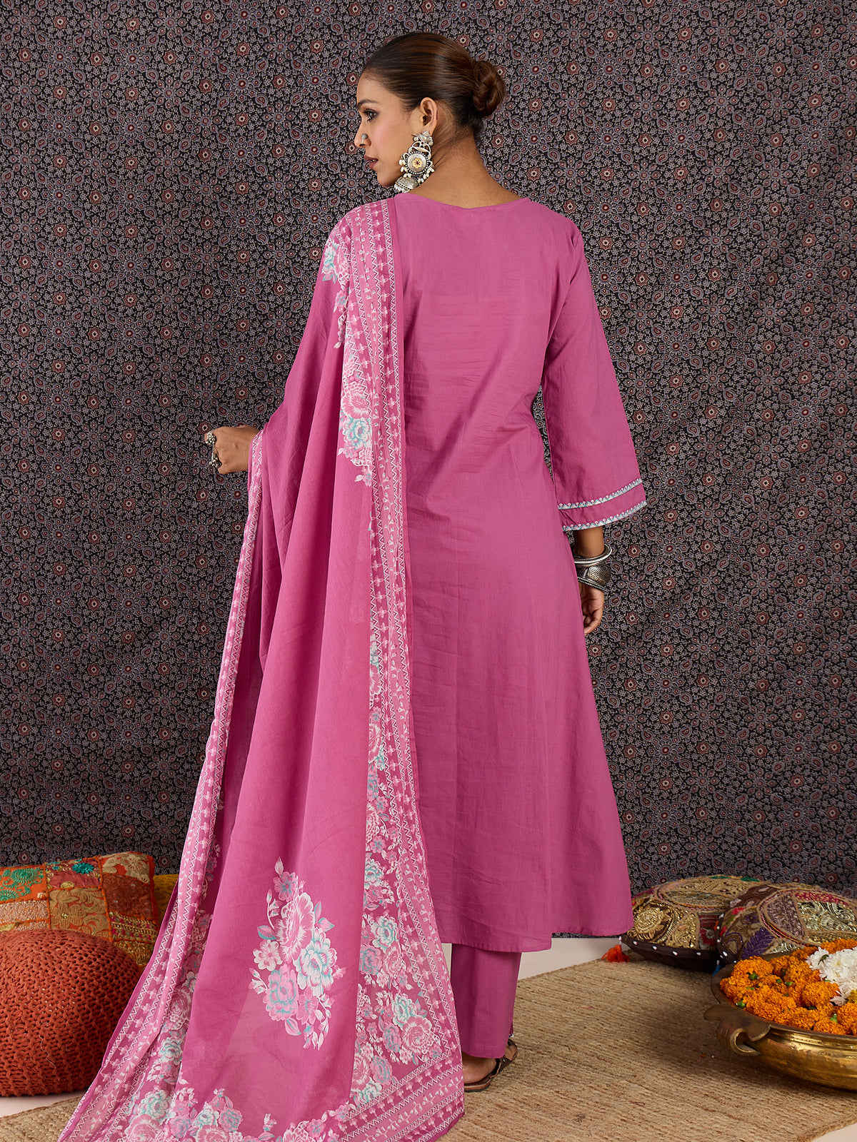 Pink Embroidered Straight Kurta Trousers With Dupatta Set