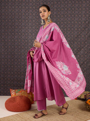 Pink Embroidered Straight Kurta Trousers With Dupatta Set