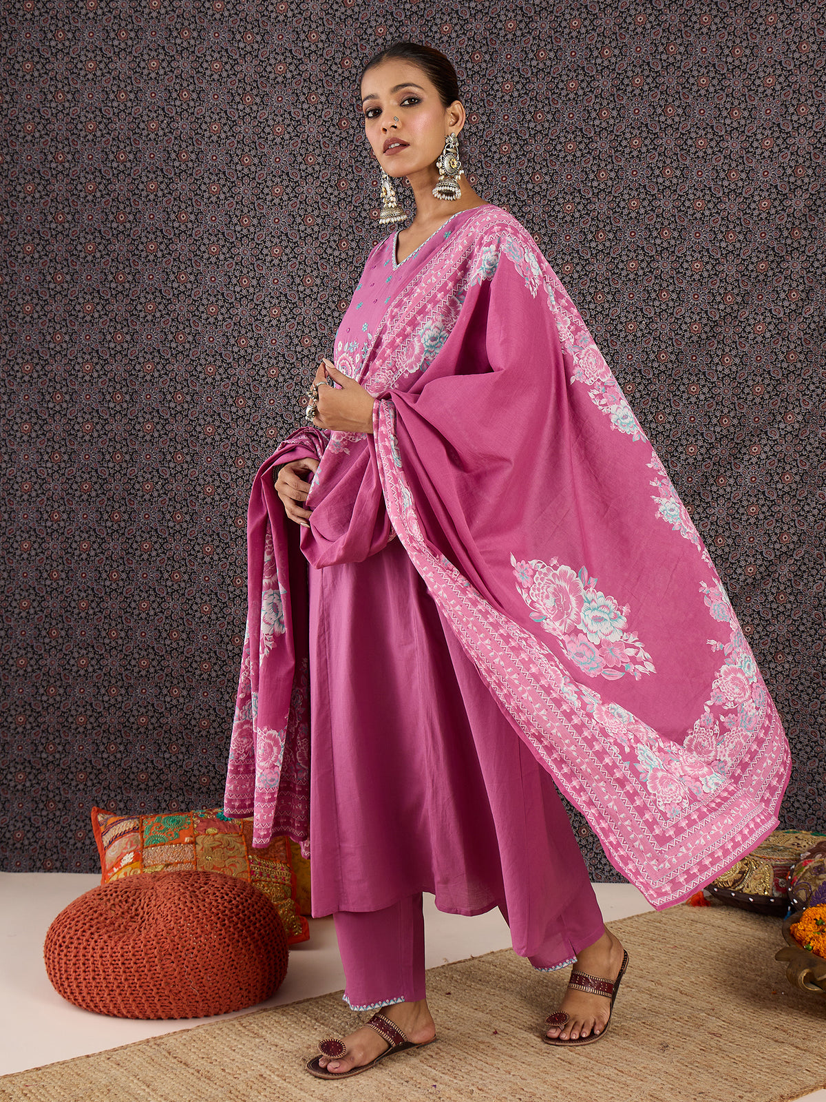 Pink Embroidered Straight Kurta Trousers With Dupatta Set