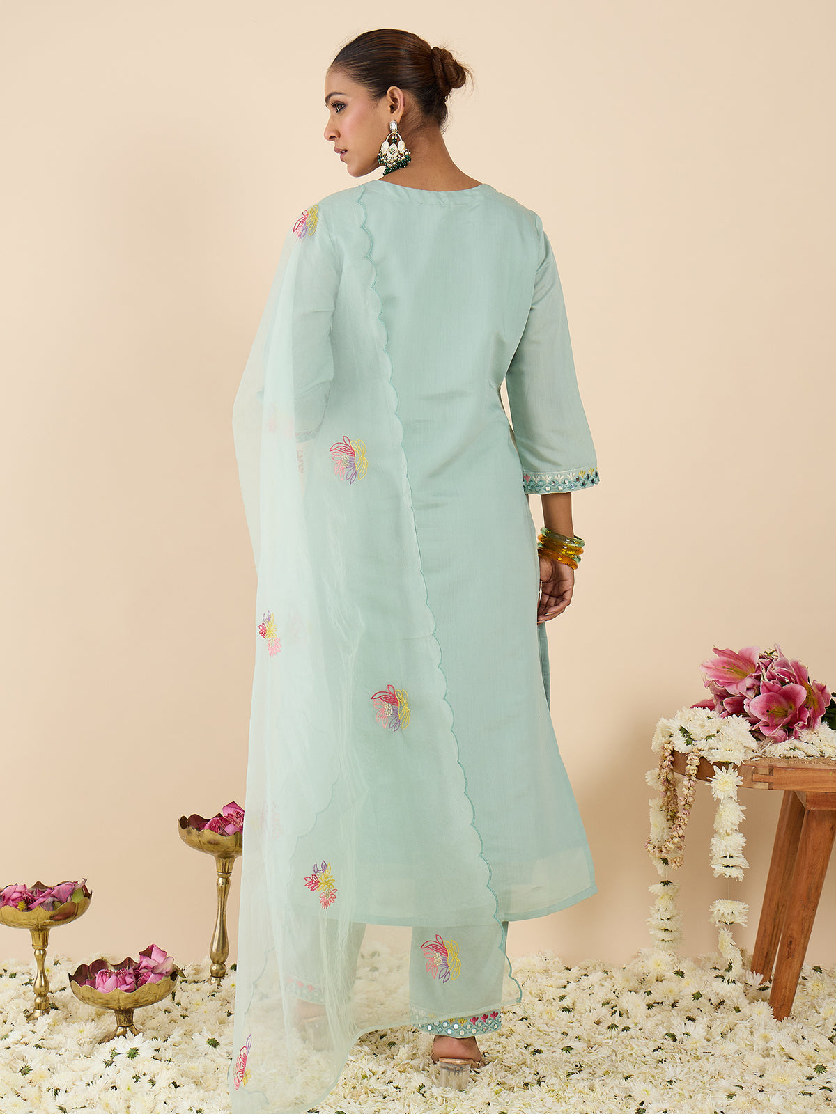 Sea Green Embroidered Straight Kurta Trousers With Dupatta Set