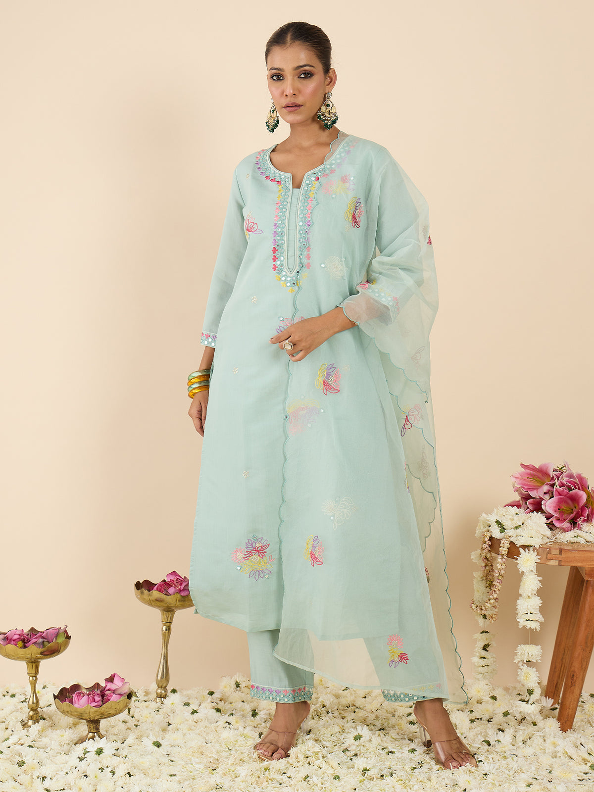 Sea Green Embroidered Straight Kurta Trousers With Dupatta Set
