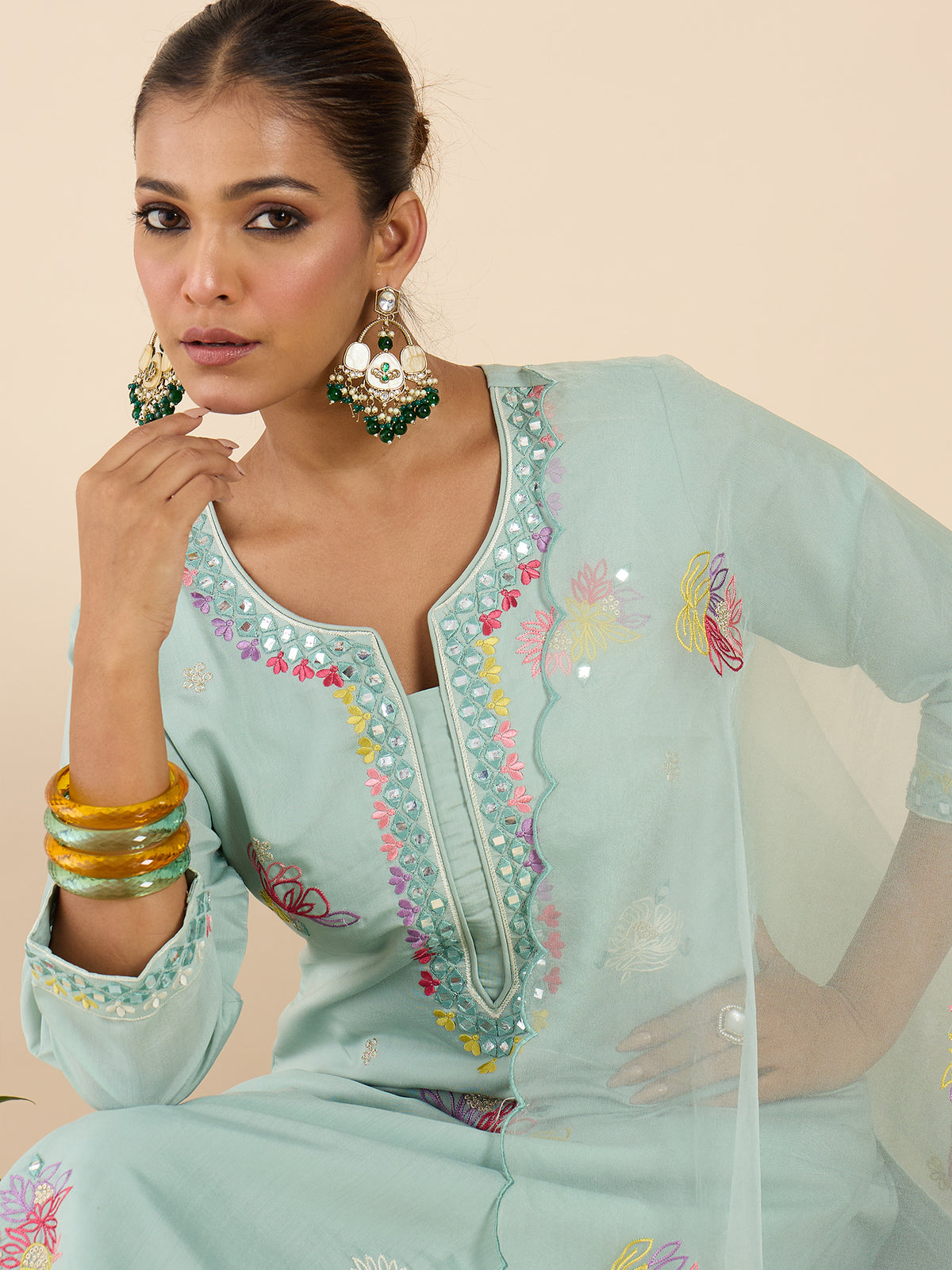 Sea Green Embroidered Straight Kurta Trousers With Dupatta Set