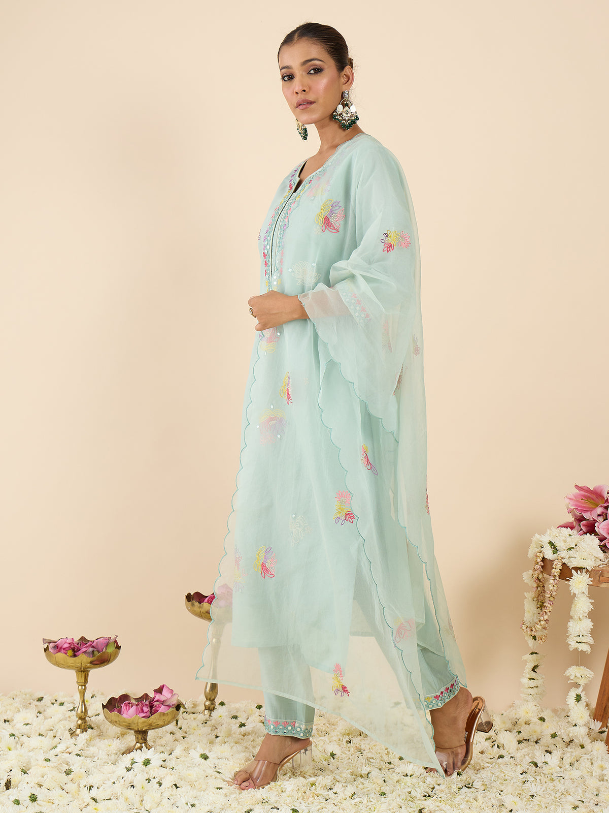 Sea Green Embroidered Straight Kurta Trousers With Dupatta Set