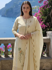 Beige Embroidered Straight Kurta Trousers With Dupatta Set