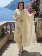 Beige Embroidered Straight Kurta Trousers With Dupatta Set