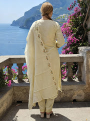 Beige Embroidered Straight Kurta Trousers With Dupatta Set