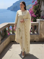 Beige Embroidered Straight Kurta Trousers With Dupatta Set
