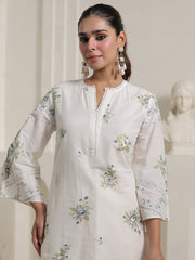 Off White Embroidered Straight Kurta Trousers With Dupatta Set