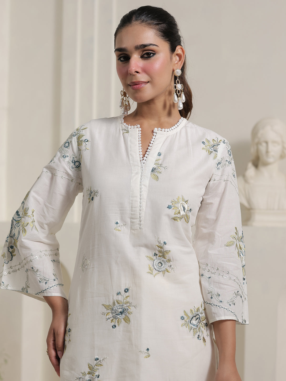 Off White Embroidered Straight Kurta Trousers With Dupatta Set